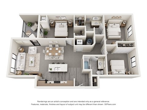 A 3D floor plan of a house with a kitchen, living room, and bedrooms.